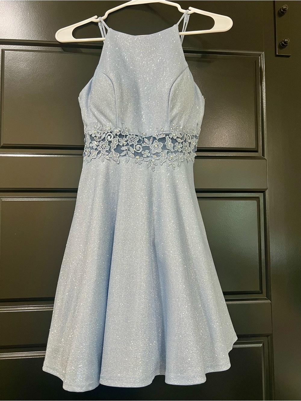 City Vibe Strapless Glitter Fit-and-Flare Dress with Floral Waist